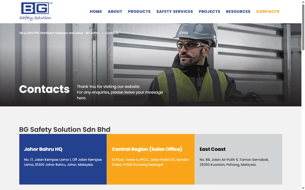 BG Safety website, Contacts page on desktop