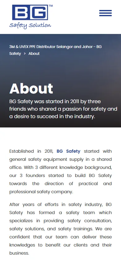 BG Safety website, About page on mobile