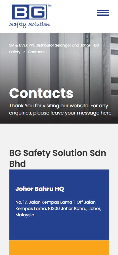 BG Safety website, Contacts page on mobile
