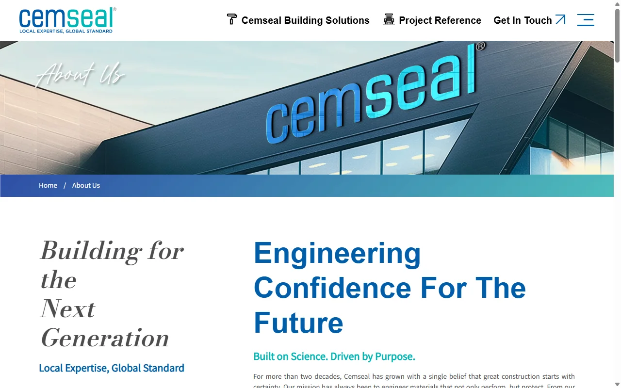 Cemseal website, About Us page on desktop