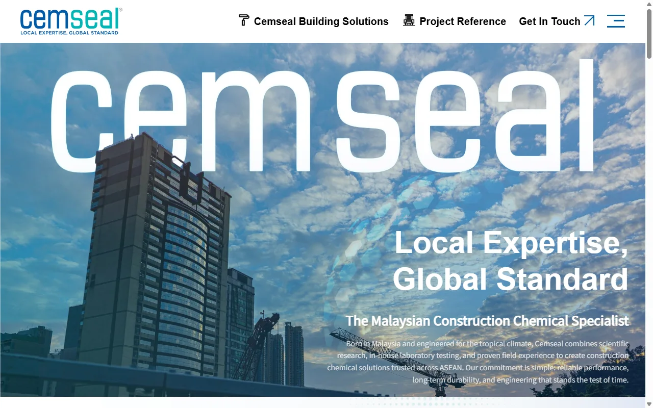 Cemseal website, Home page on desktop