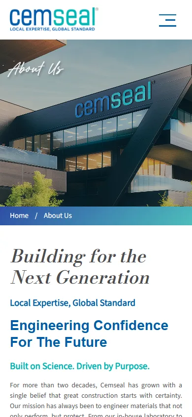 Cemseal website, About Us page on mobile