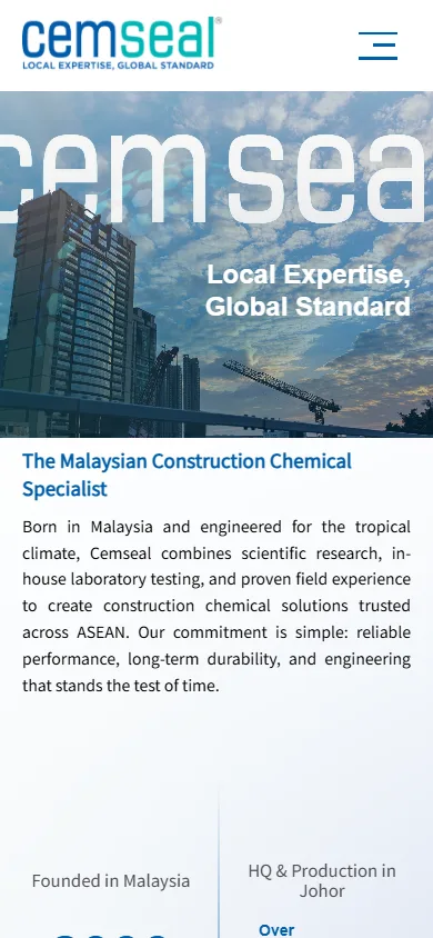 Cemseal website, Home page on mobile