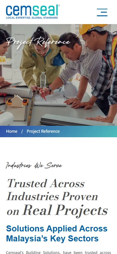 Cemseal website, Project Reference page on mobile