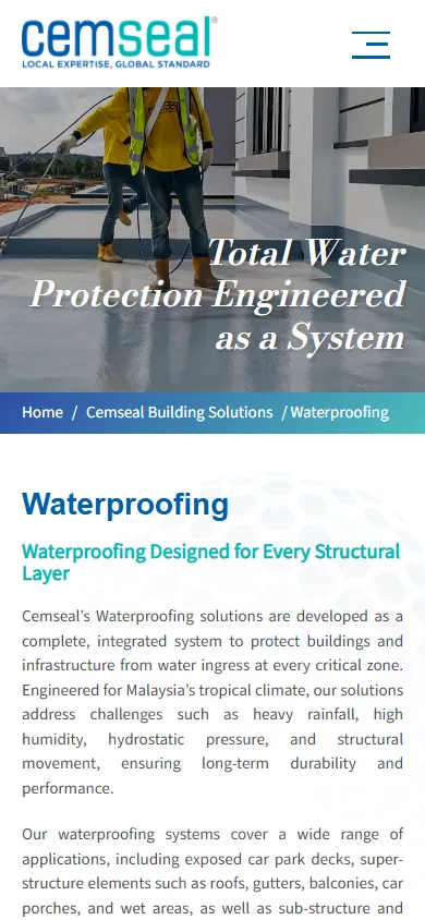 Cemseal website, Waterproofing page on mobile