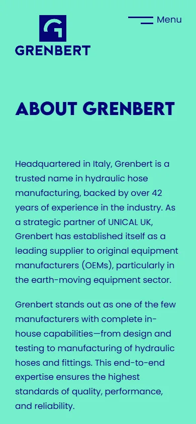 Grenbert website, About Us page on mobile