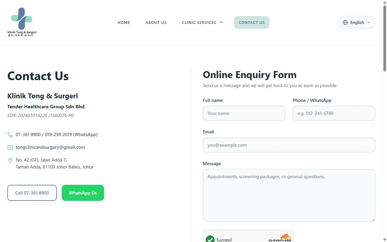 Klinik Tong website, Contact page on desktop