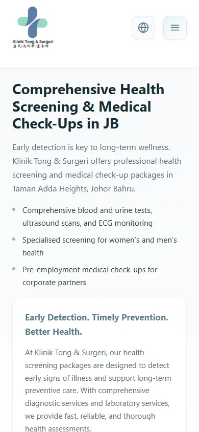 Klinik Tong website, Health Screening page on mobile