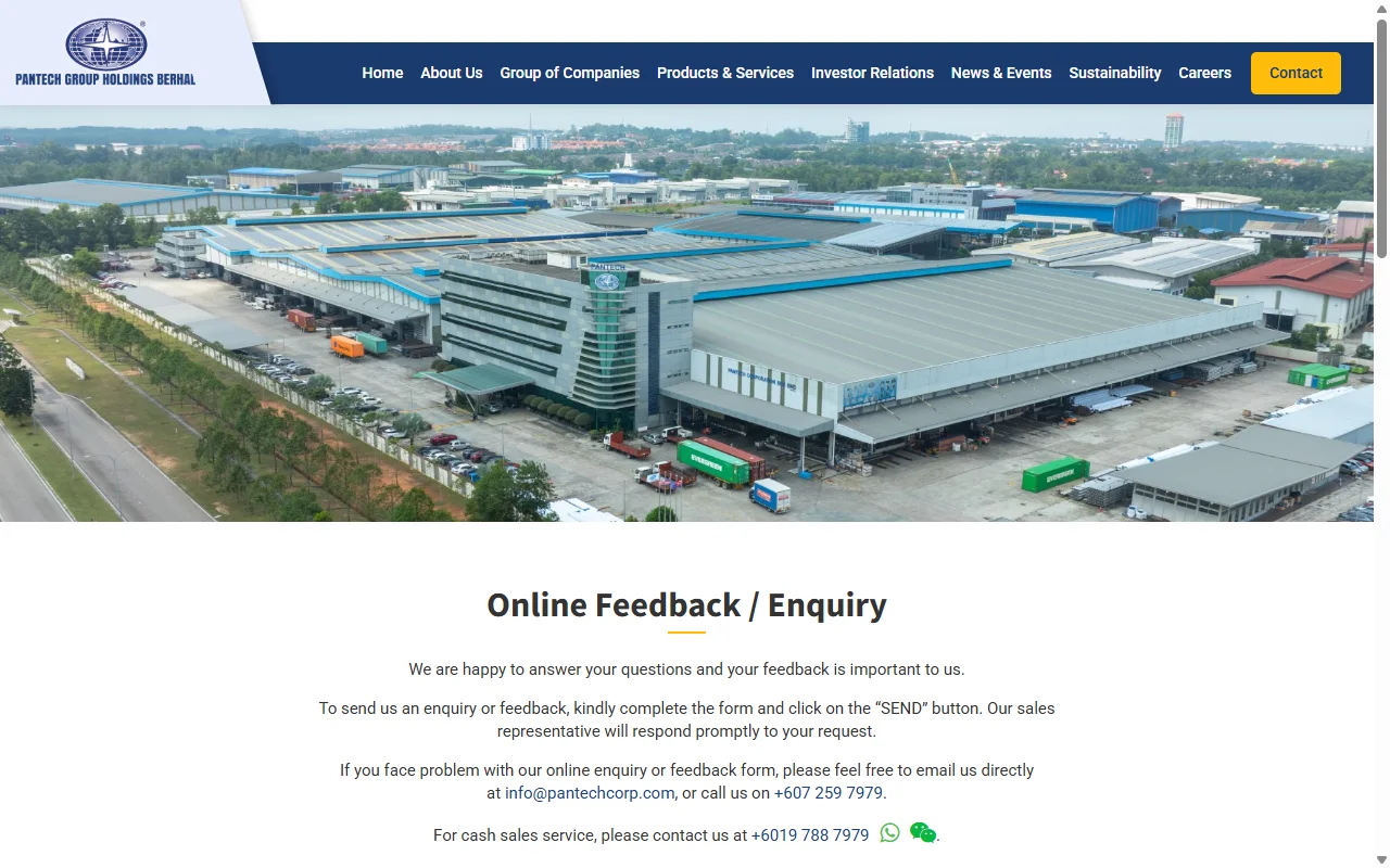 Pantech Group website, Contact page on desktop