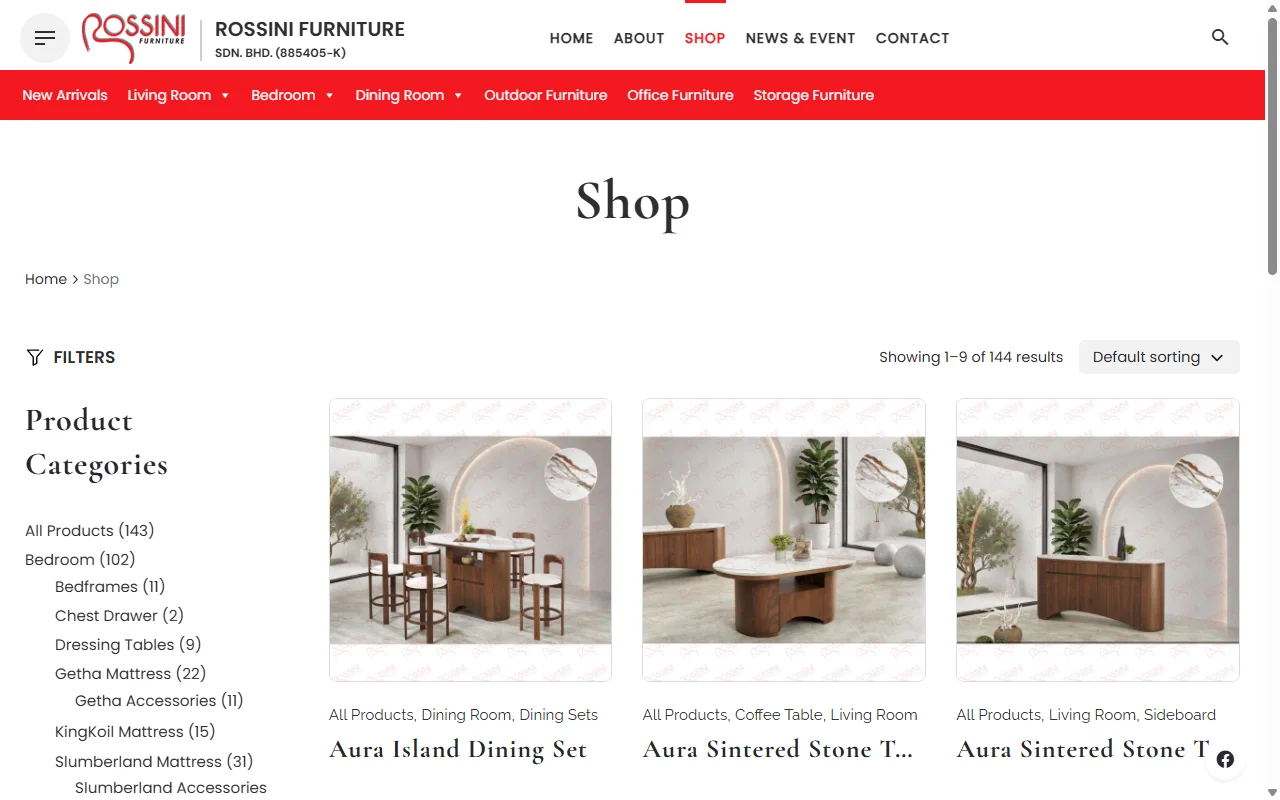 Rossini Furniture website, Shop page on desktop