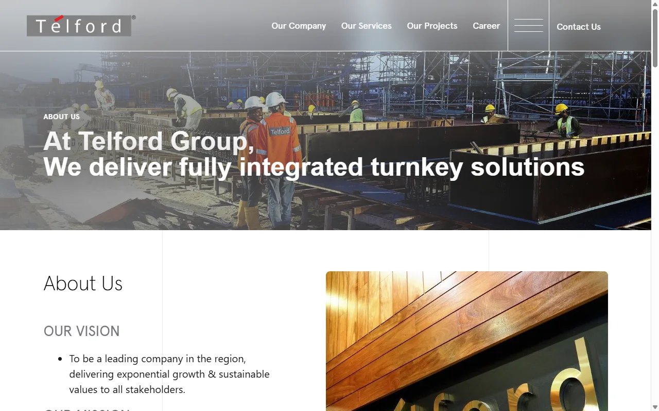 Telford website, About Us page on desktop
