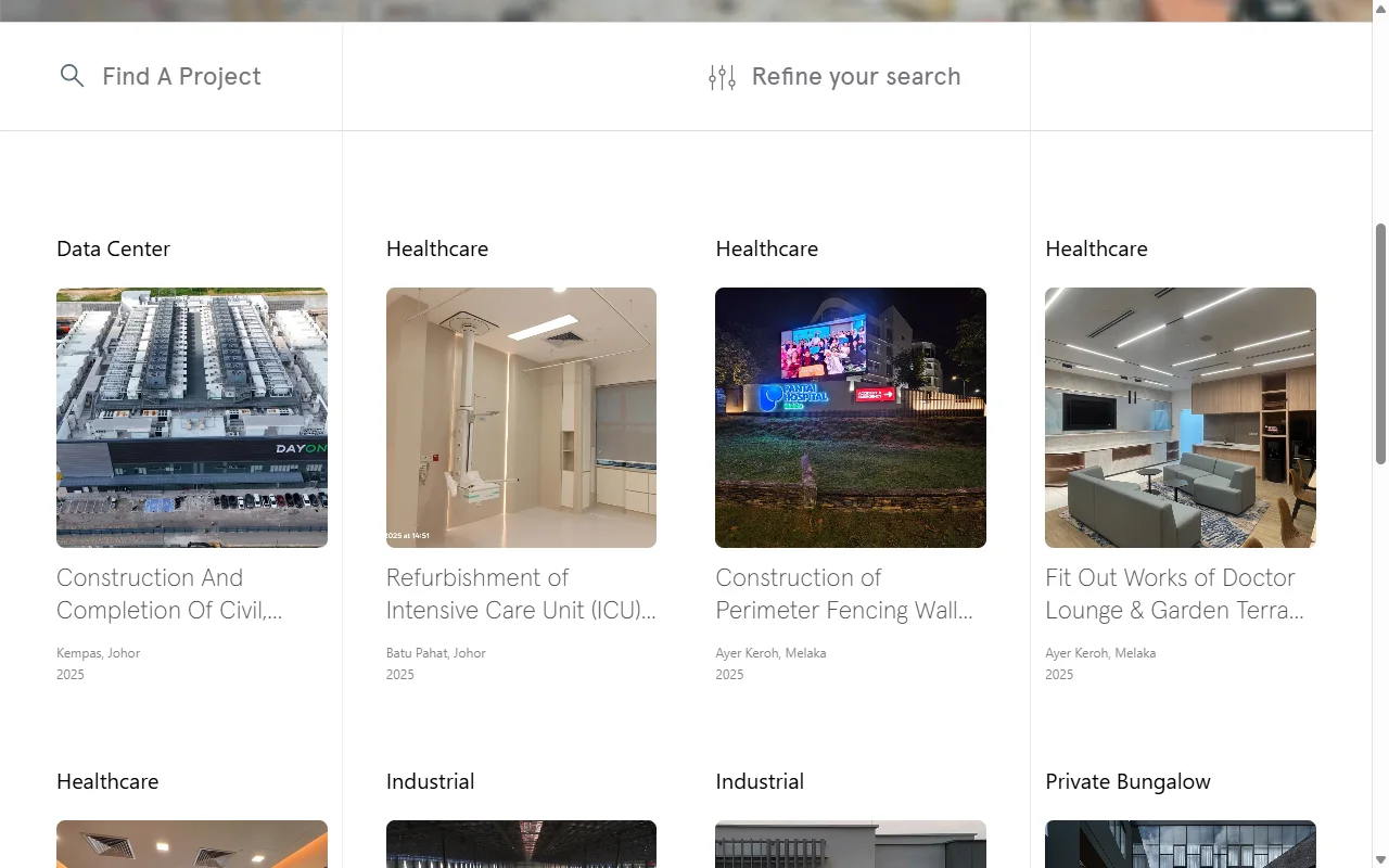 Telford website, Projects page on desktop