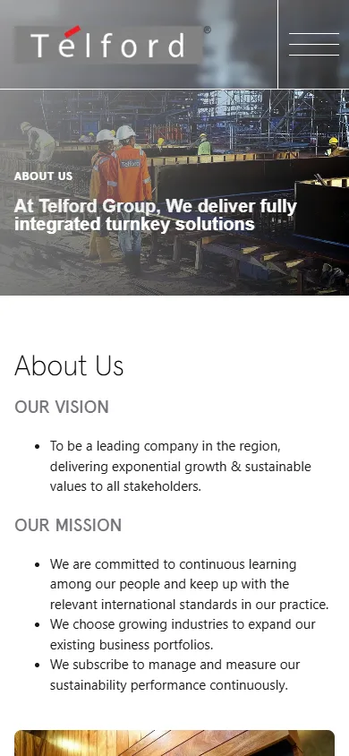 Telford website, About Us page on mobile