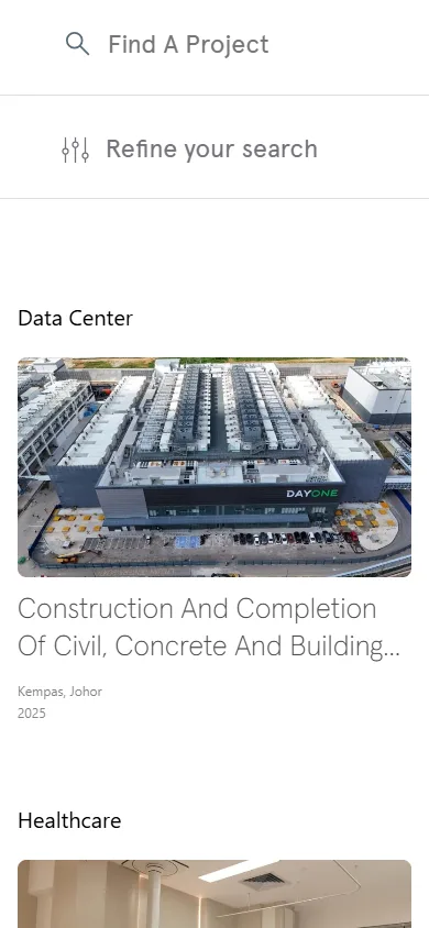 Telford website, Projects page on mobile